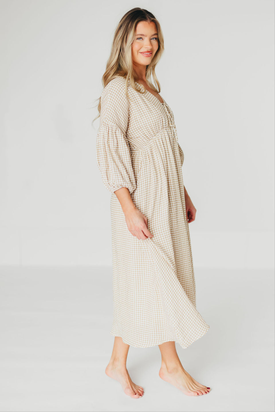 Hunter Printed Gauze Midi Dress in Natural Plaid - Bump Friendly *9/22 PRE-ORDER*