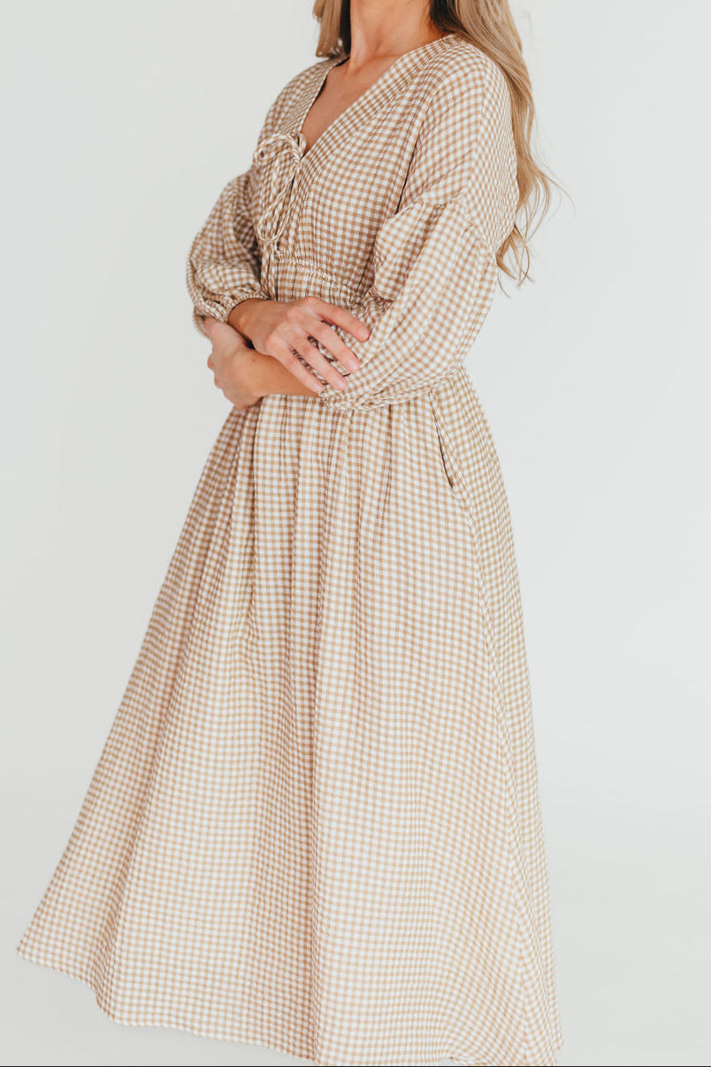 Hunter Printed Gauze Midi Dress in Natural Plaid - Bump Friendly *9/22 PRE-ORDER*