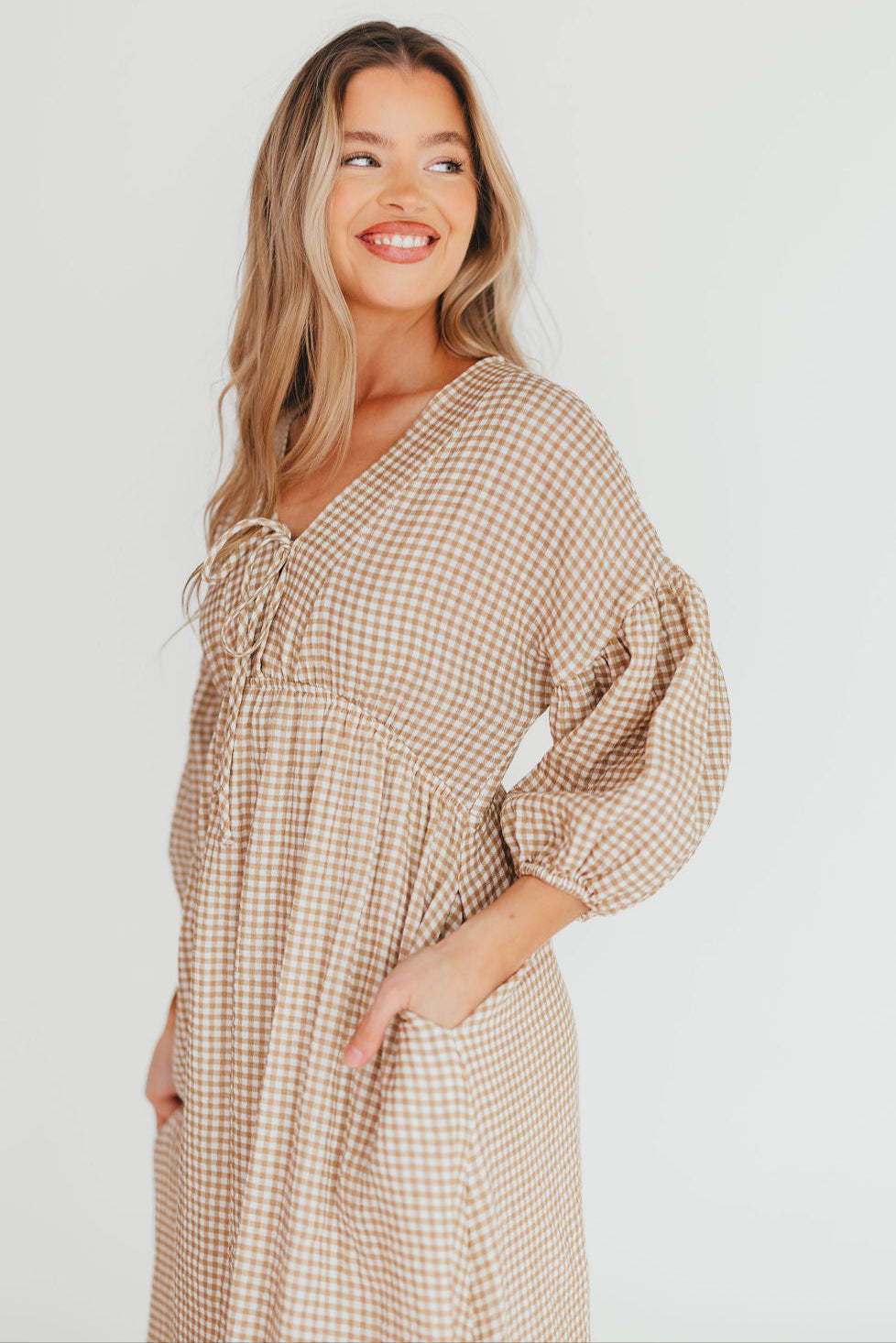 Hunter Printed Gauze Midi Dress in Natural Plaid - Bump Friendly *9/22 PRE-ORDER*
