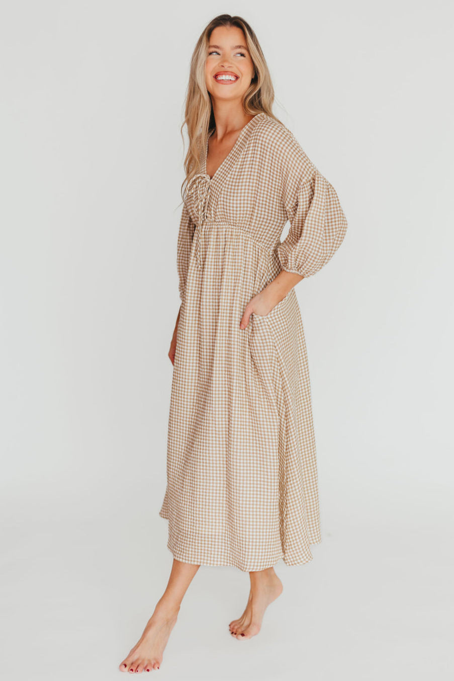 Hunter Printed Gauze Midi Dress in Natural Plaid - Bump Friendly *9/22 PRE-ORDER*