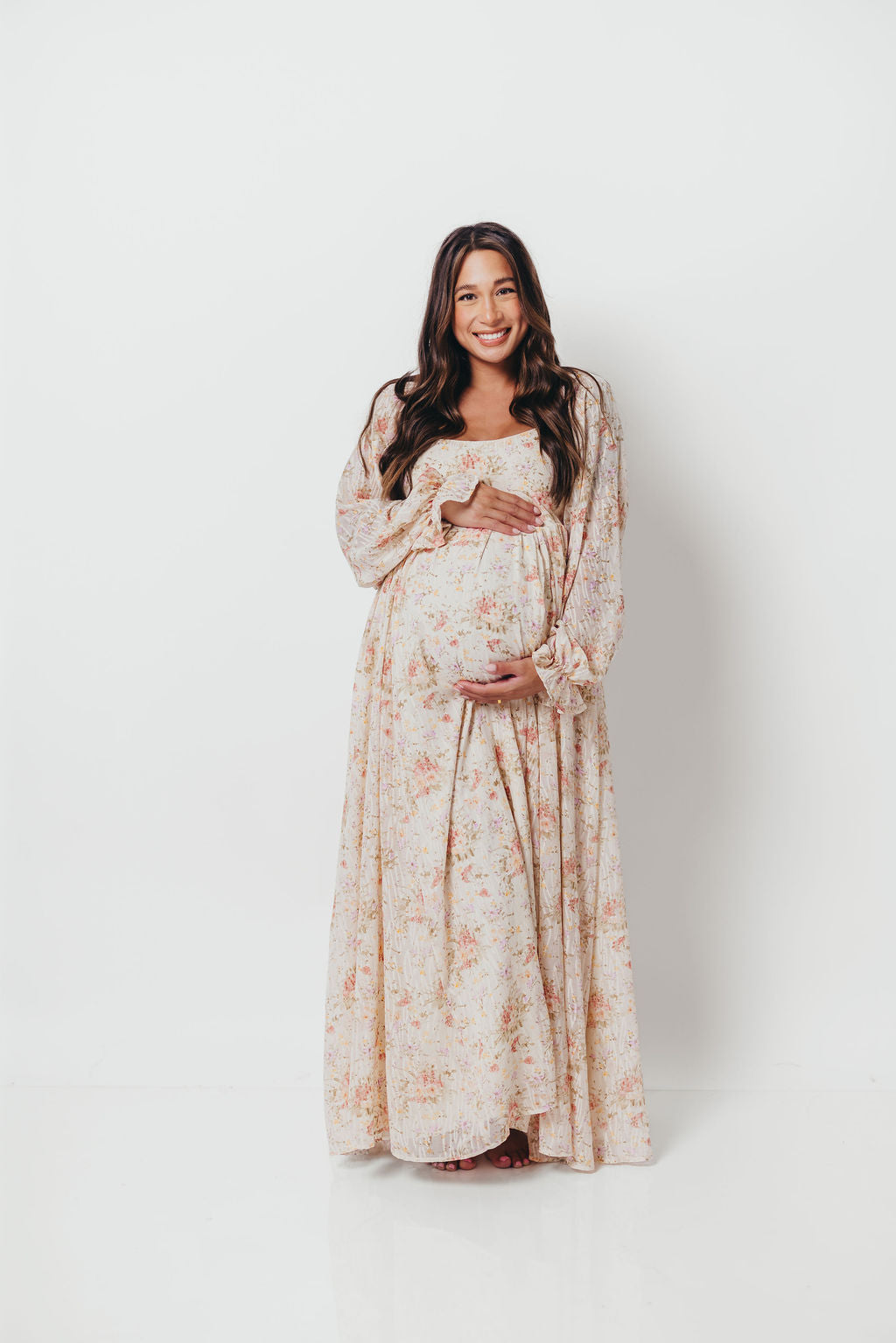 Rosey Woven Floral Print Empire Maxi Dress in Cream Multi - Bump Friendly *9/12 PRE-ORDER*