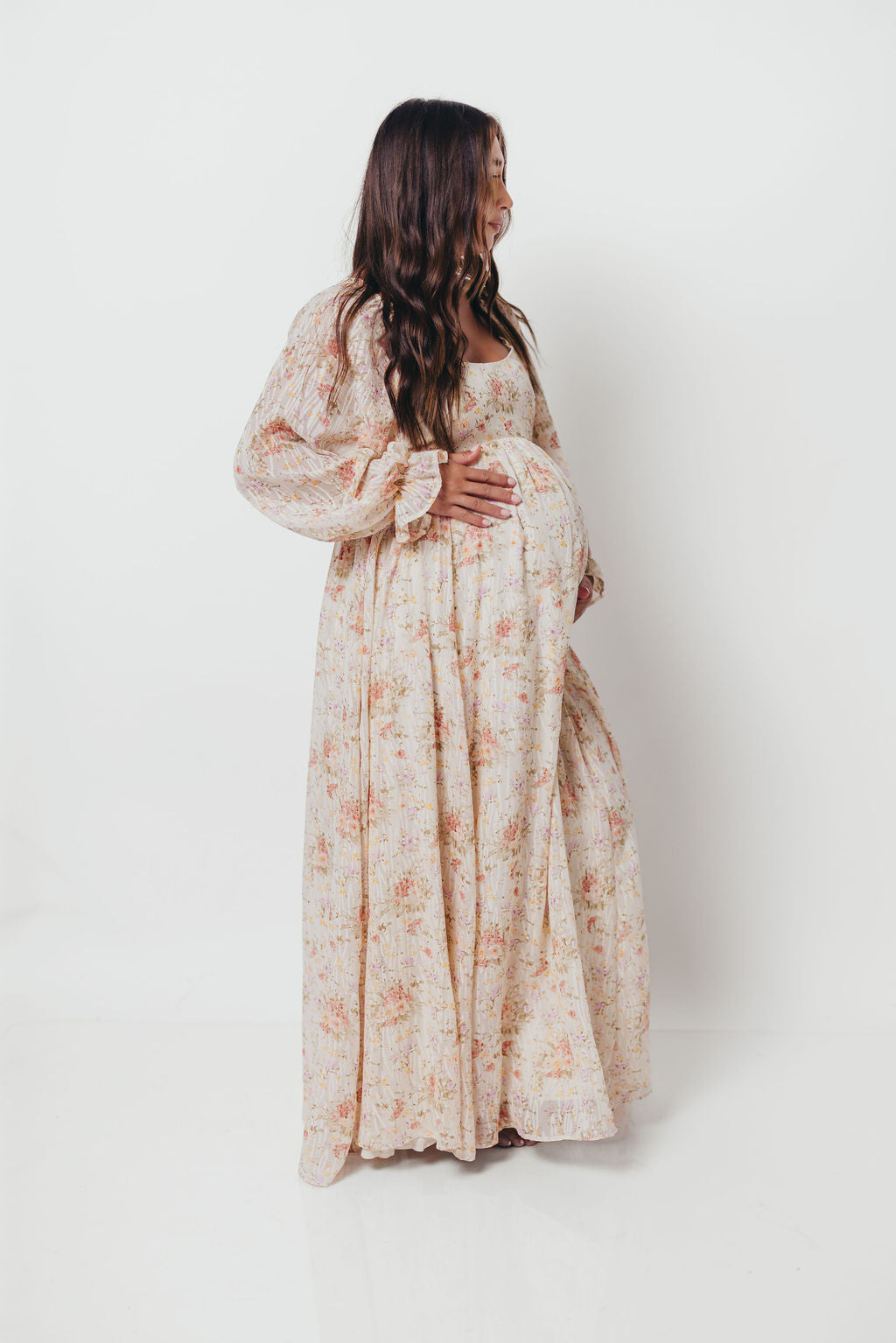Rosey Woven Floral Print Empire Maxi Dress in Cream Multi - Bump Friendly *9/12 PRE-ORDER*