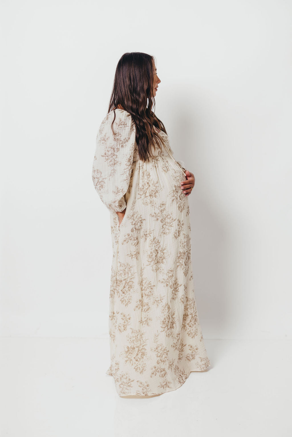 Peyton 100% Cotton Maxi Dress in Brown Floral - Bump Friendly