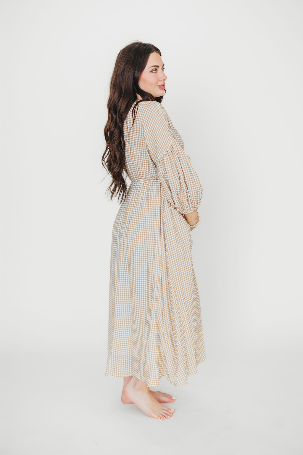 Hunter Printed Gauze Midi Dress in Natural Plaid - Bump Friendly *9/22 PRE-ORDER*
