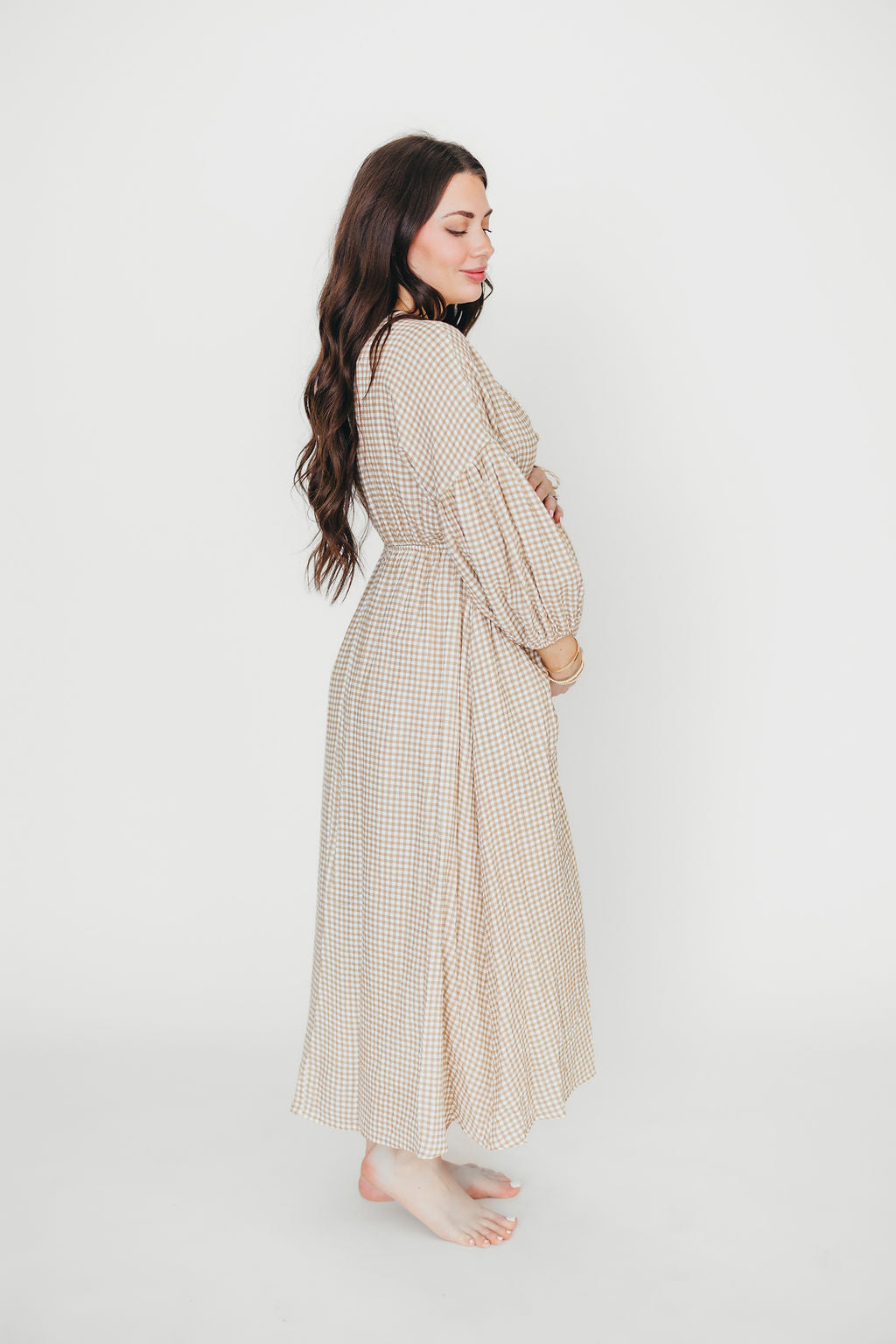 Hunter Printed Gauze Midi Dress in Natural Plaid - Bump Friendly *9/22 PRE-ORDER*
