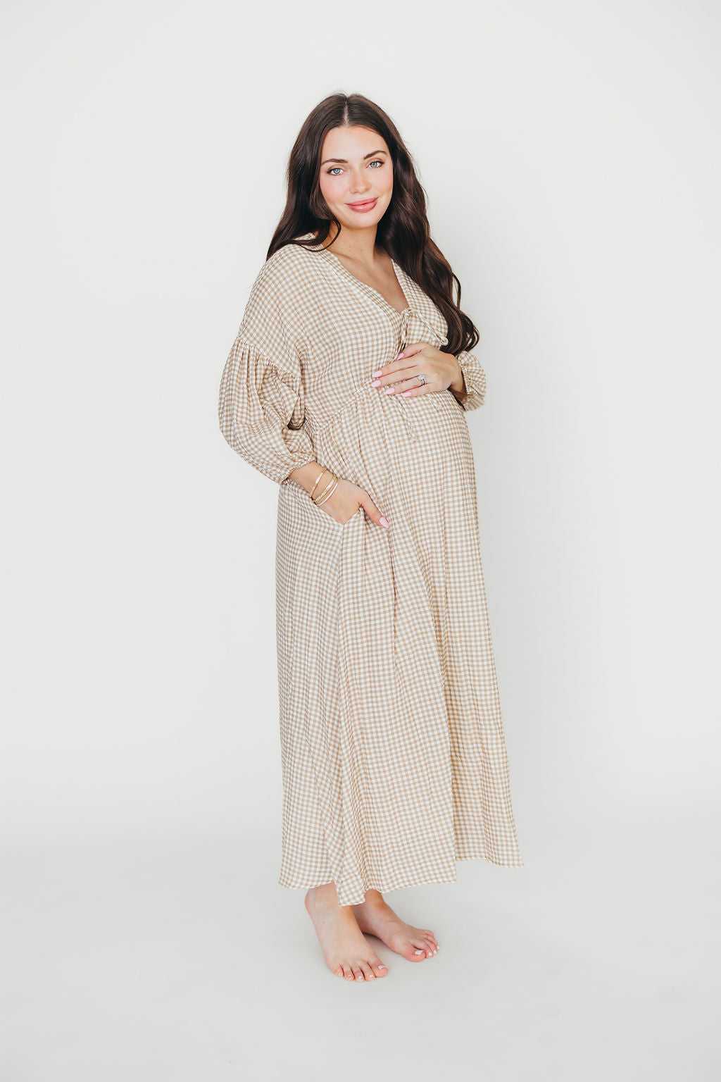 Hunter Printed Gauze Midi Dress in Natural Plaid - Bump Friendly *9/22 PRE-ORDER*