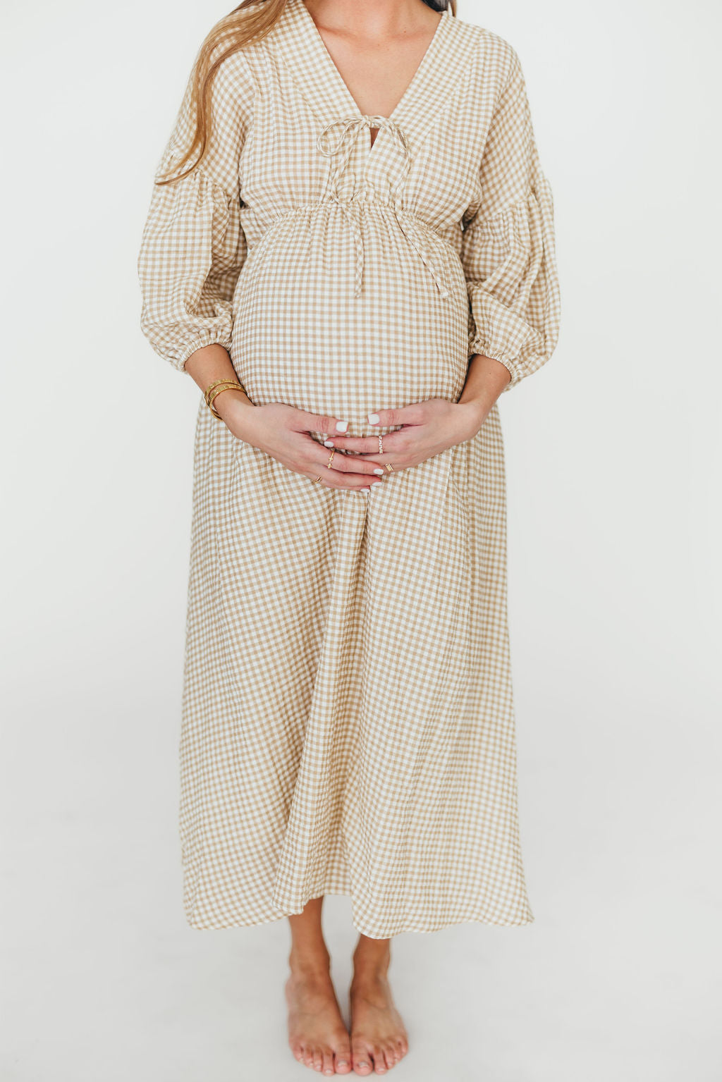 Hunter Printed Gauze Midi Dress in Natural Plaid - Bump Friendly *9/22 PRE-ORDER*