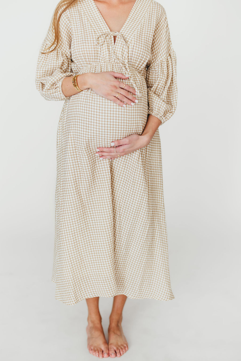 Hunter Printed Gauze Midi Dress in Natural Plaid - Bump Friendly *9/22 PRE-ORDER*