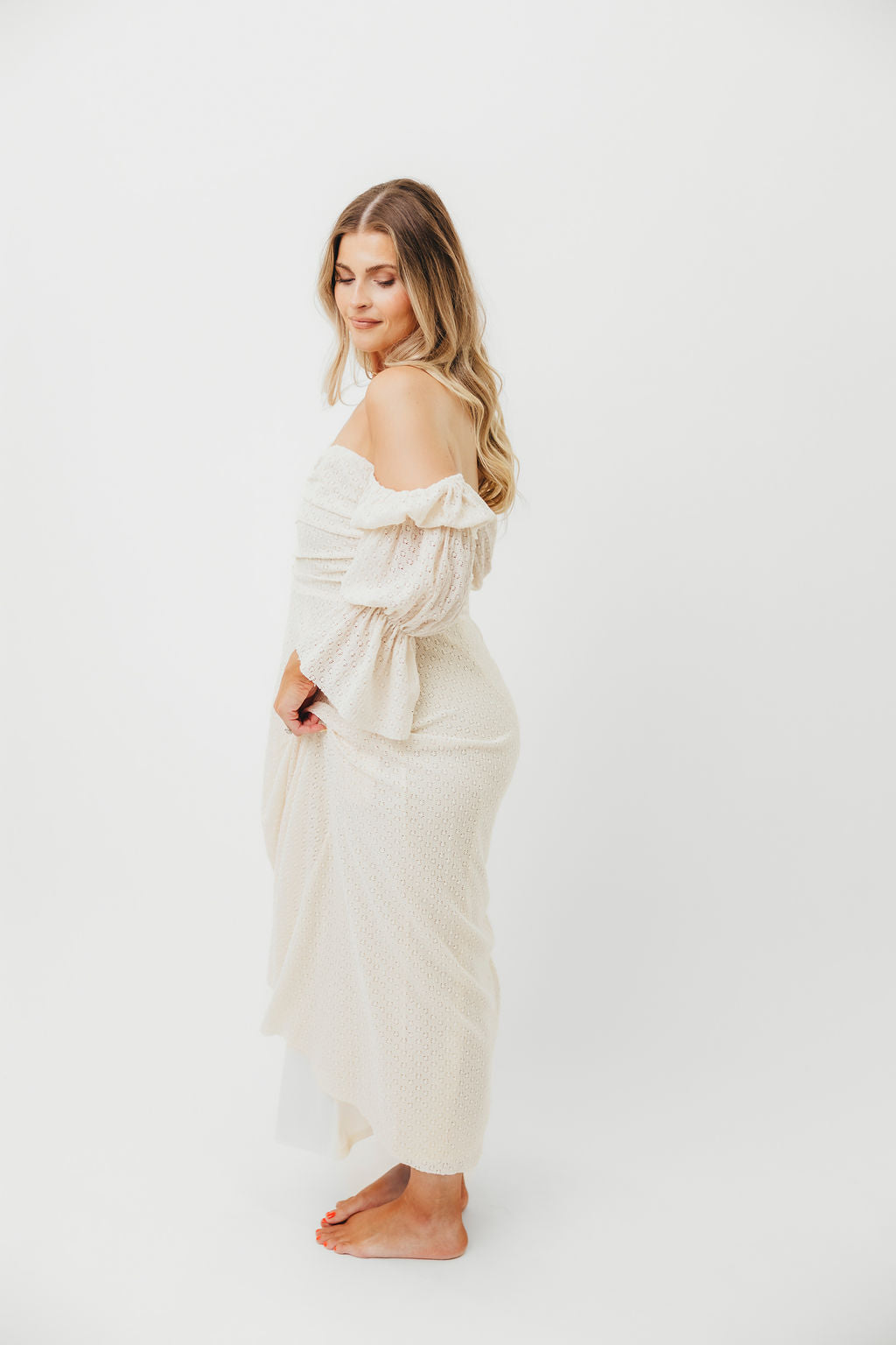 Corrine Tiered Sleeve Maxi Dress with Pockets in Ivory Cream - Bump Friendly