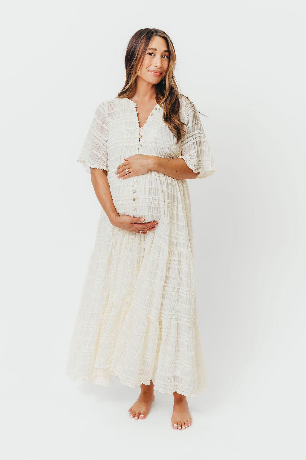 Kristin Tiered Woven Maxi Dress in Ivory - Bump Friendly - Detachable Liner