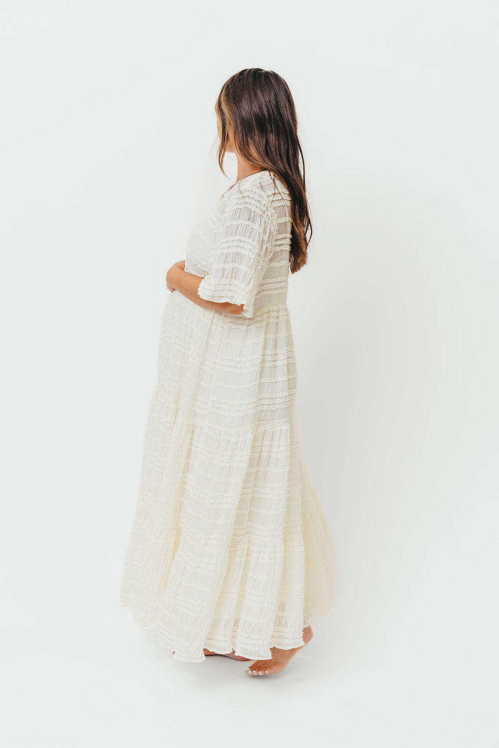 Kristin Tiered Woven Maxi Dress in Ivory - Bump Friendly - Detachable Liner
