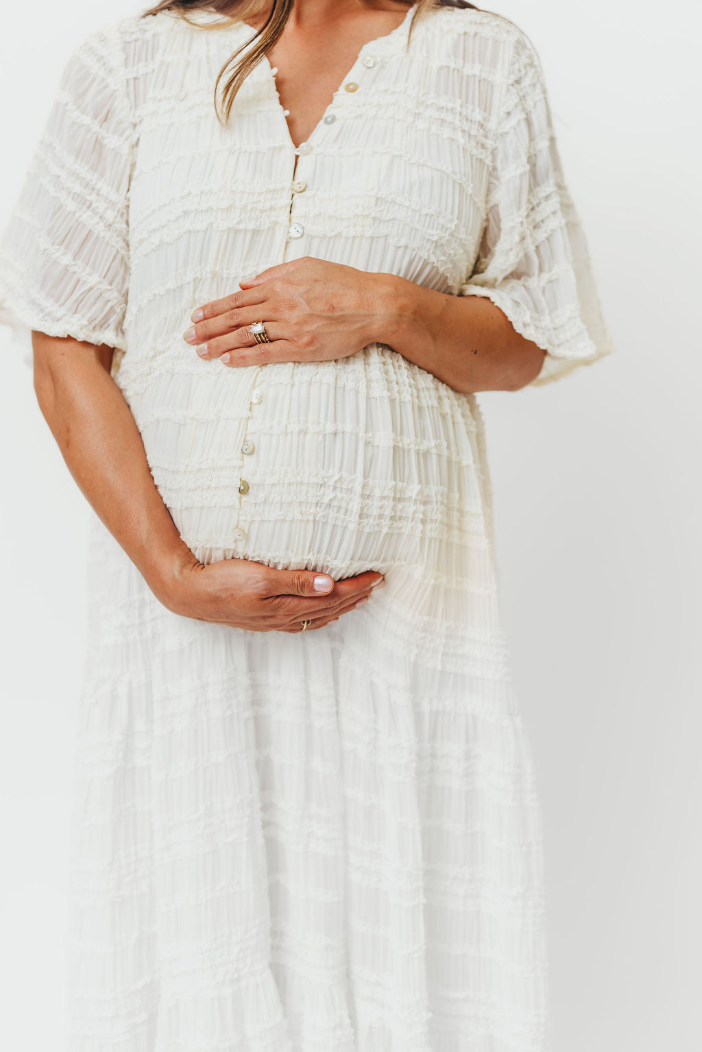 Kristin Tiered Woven Maxi Dress in Ivory - Bump Friendly - Detachable Liner
