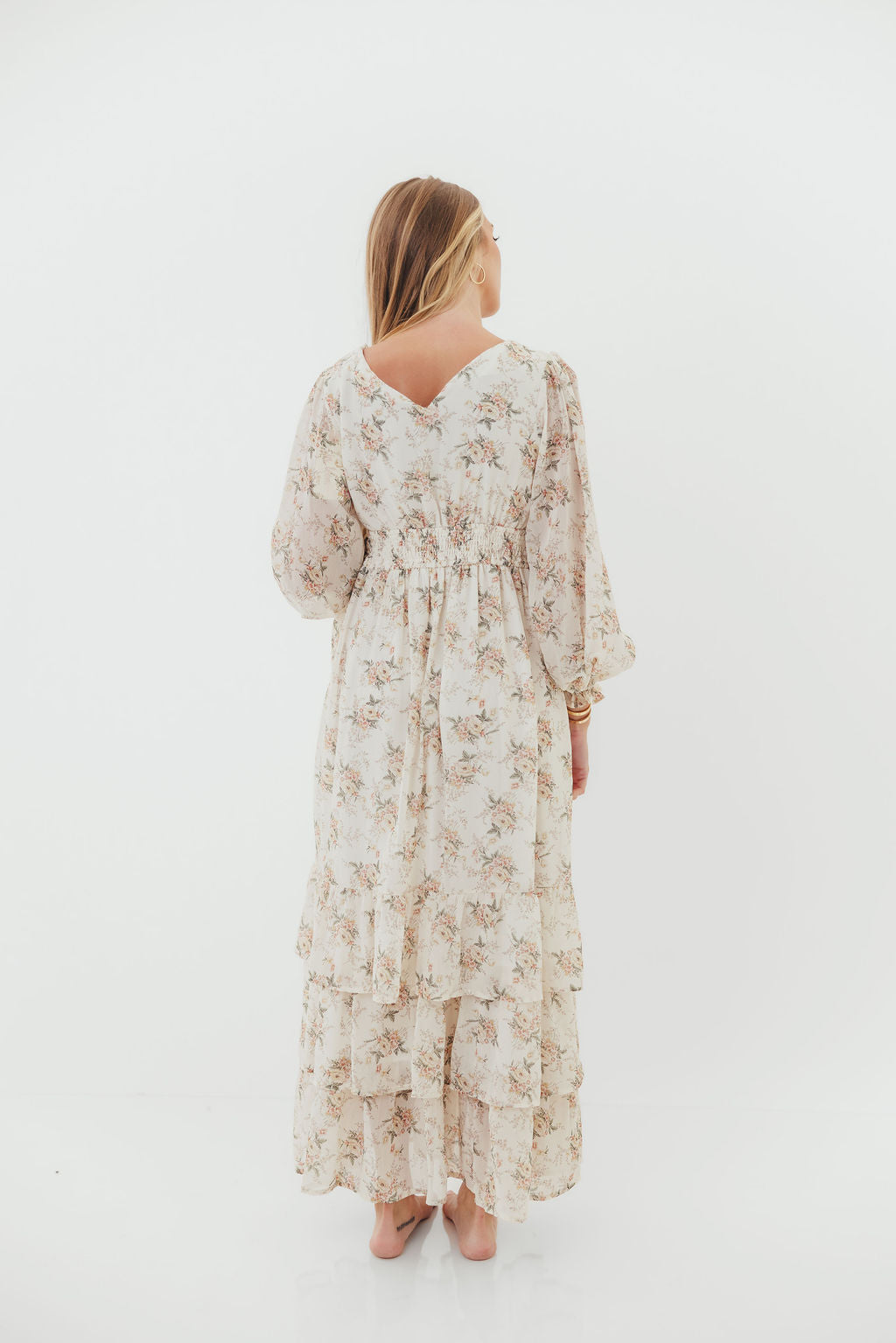 Shenae Ruffled Tiered Floral Maxi Dress in Vintage Cream