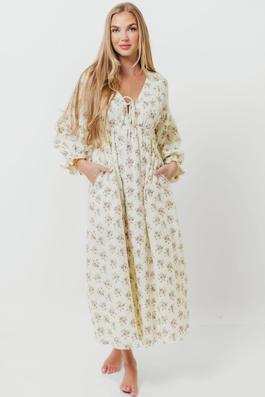 Hunter 100% Cotton Gauze Maxi Dress with Detail Trimming in Cream Taupe Floral - Bump Friendly and Inclusive Sizing *9/12 PRE-ORDER*
