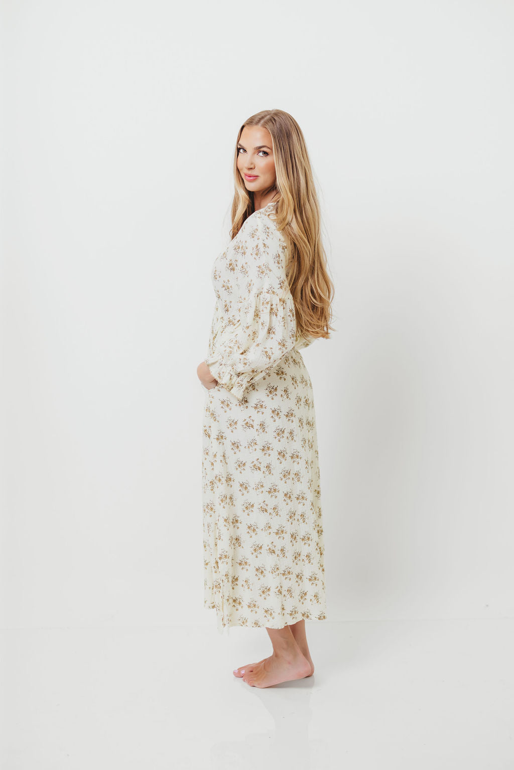 Hunter 100% Cotton Gauze Maxi Dress with Detail Trimming in Cream Taupe Floral - Bump Friendly and Inclusive Sizing *9/12 PRE-ORDER*