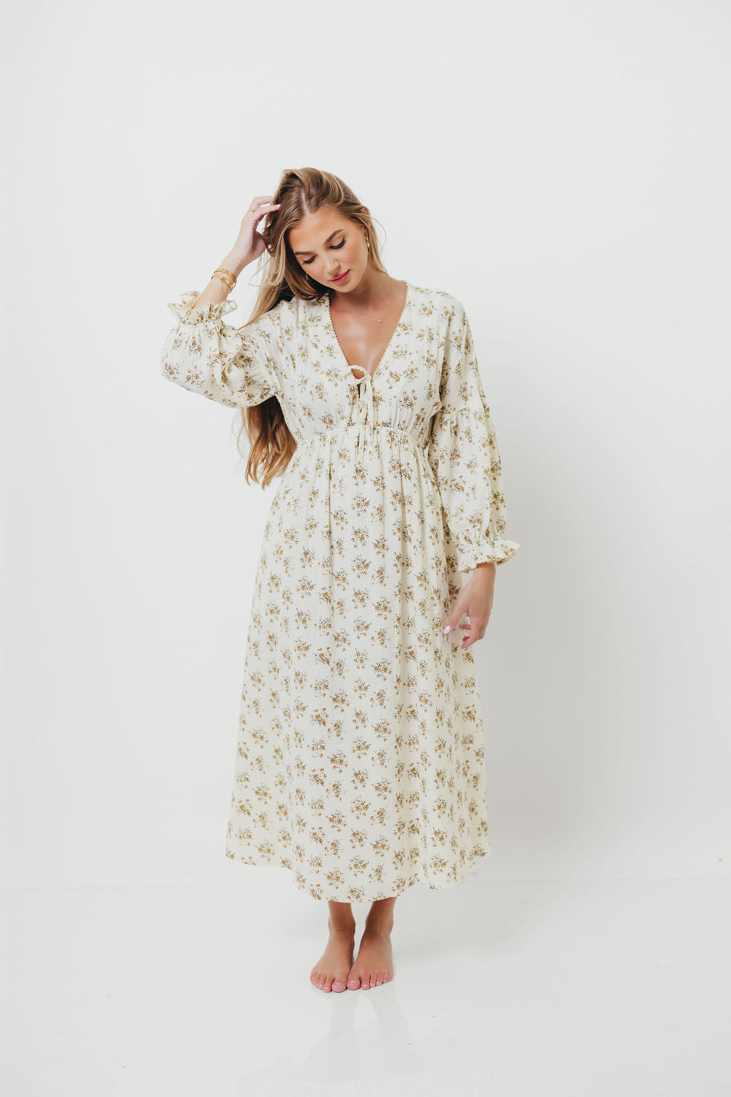 Hunter 100% Cotton Gauze Maxi Dress with Detail Trimming in Cream Taupe Floral - Bump Friendly and Inclusive Sizing *9/12 PRE-ORDER*