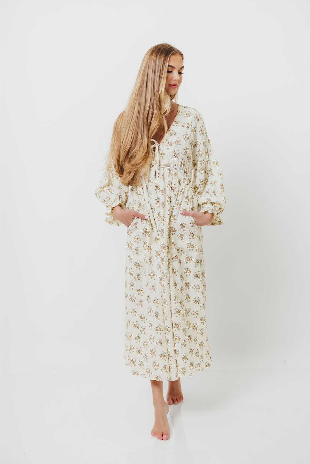 Hunter 100% Cotton Gauze Maxi Dress with Detail Trimming in Cream Taupe Floral - Bump Friendly and Inclusive Sizing *9/12 PRE-ORDER*