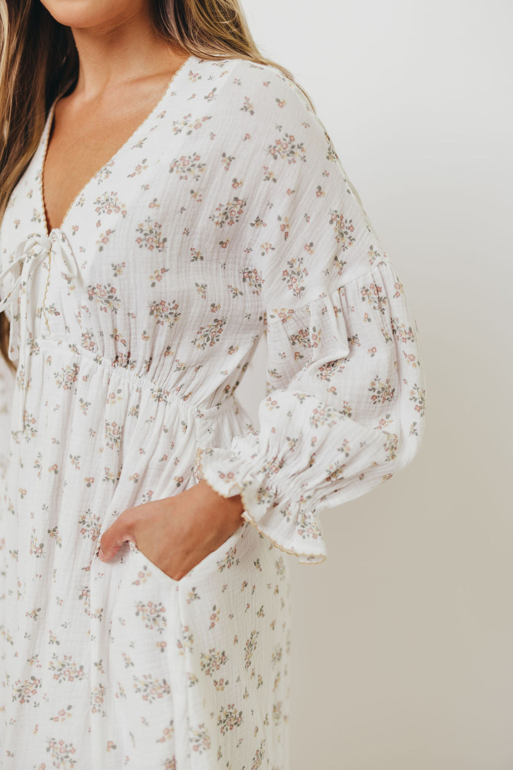 Hunter 100% Cotton Gauze Maxi Dress with Detail Trimming in Ivory Pink Floral - Bump Friendly and Inclusive Sizing *9/12 PRE-ORDER*