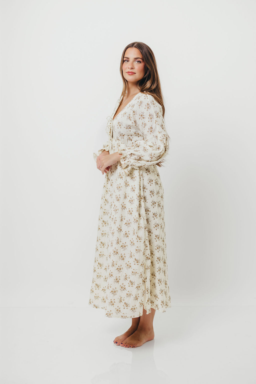 Hunter 100% Cotton Gauze Maxi Dress with Detail Trimming in Cream Taupe Floral - Bump Friendly and Inclusive Sizing *9/12 PRE-ORDER*