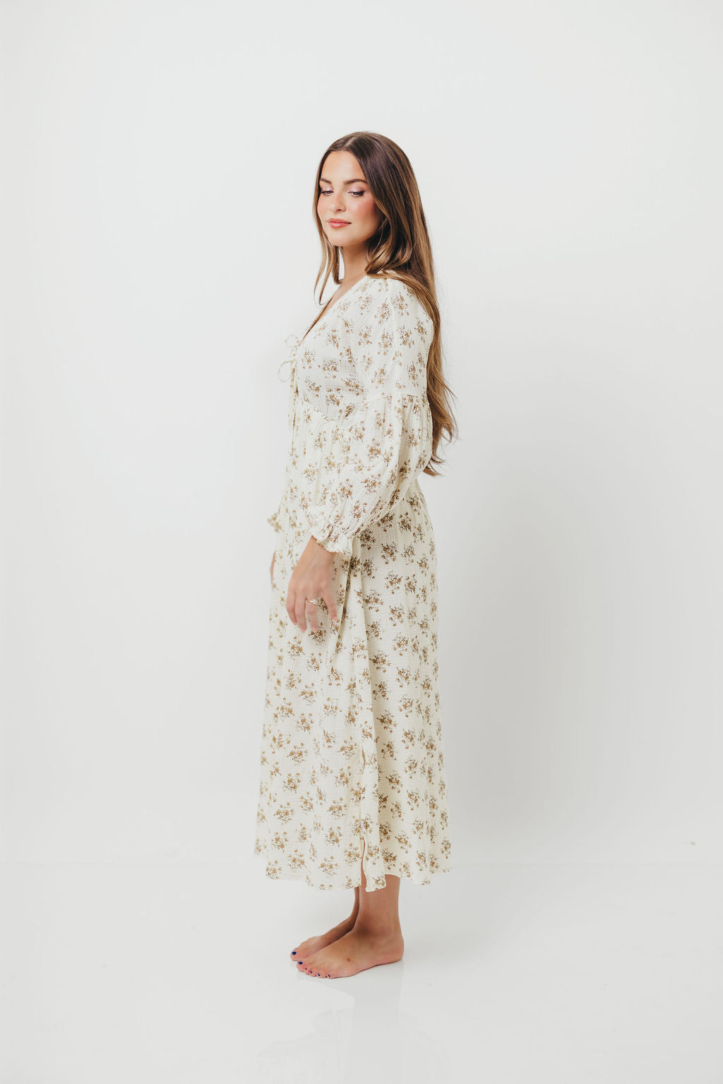 Hunter 100% Cotton Gauze Maxi Dress with Detail Trimming in Cream Taupe Floral - Bump Friendly and Inclusive Sizing *9/12 PRE-ORDER*