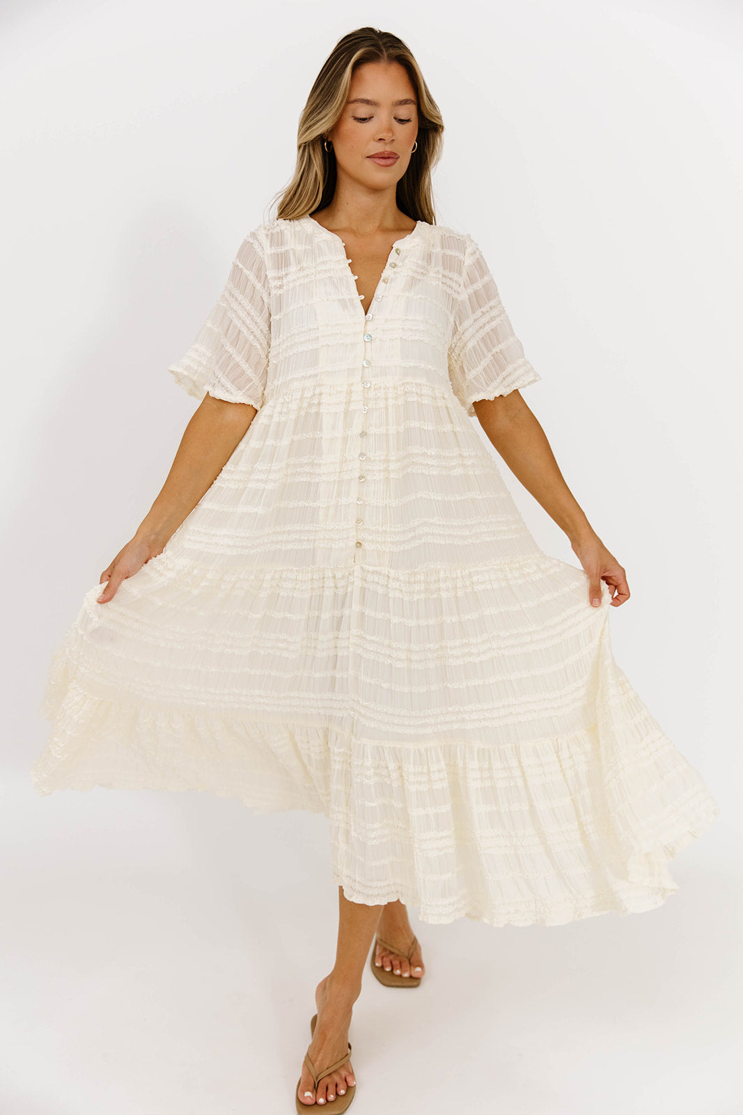 Kristin Tiered Woven Maxi Dress in Ivory - Bump Friendly - Detachable Liner