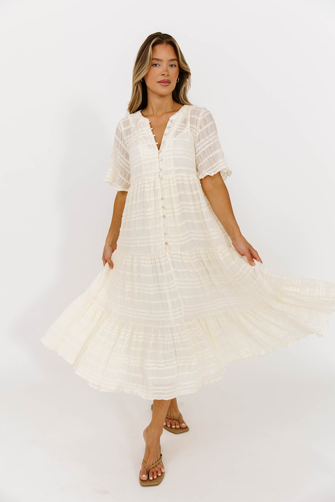 Kristin Tiered Woven Maxi Dress in Ivory - Bump Friendly - Detachable Liner