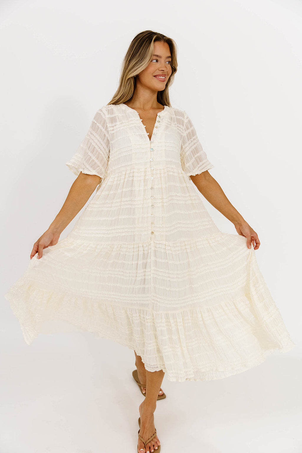 Kristin Tiered Woven Maxi Dress in Ivory - Bump Friendly - Detachable Liner