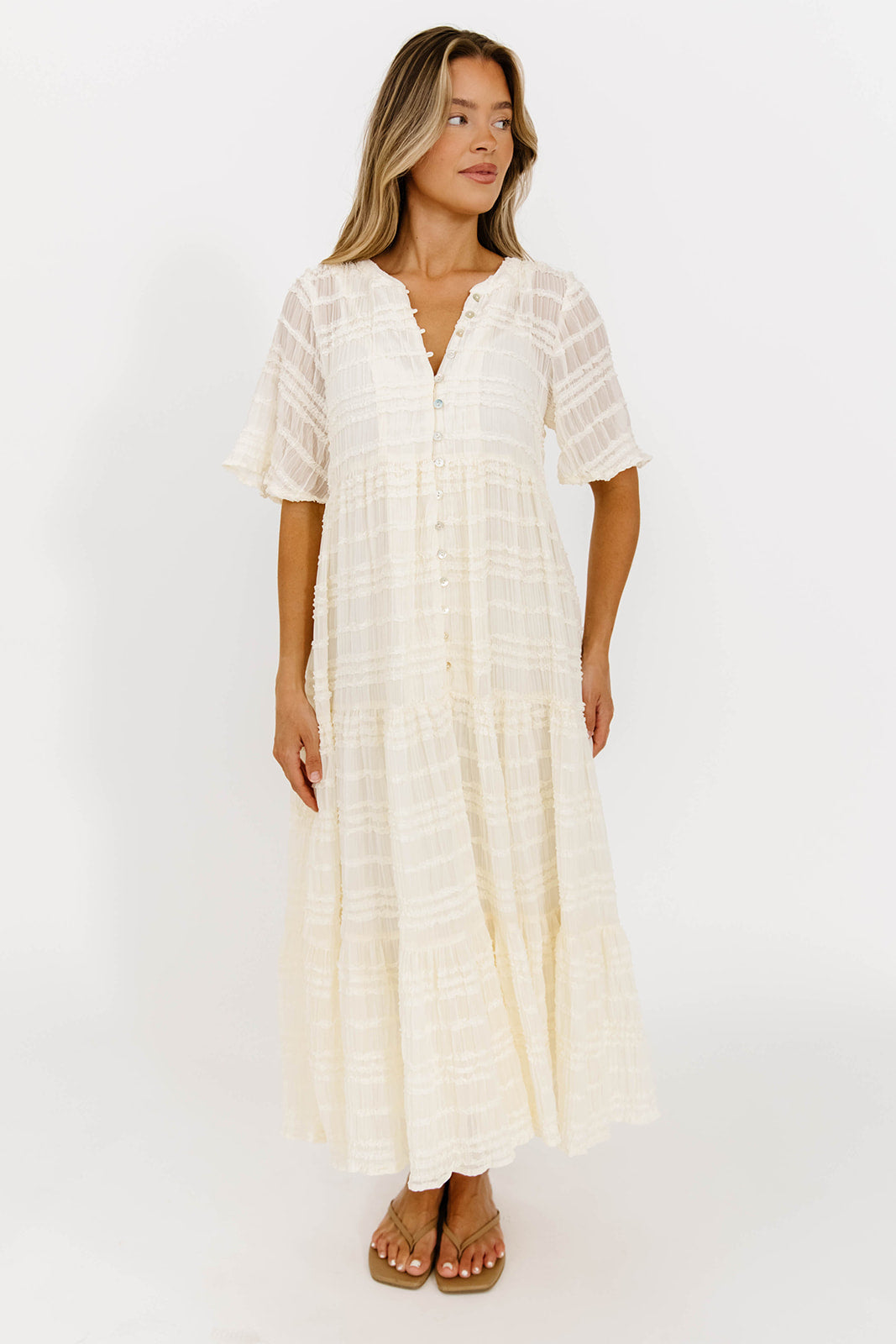Kristin Tiered Woven Maxi Dress in Ivory - Bump Friendly - Detachable Liner
