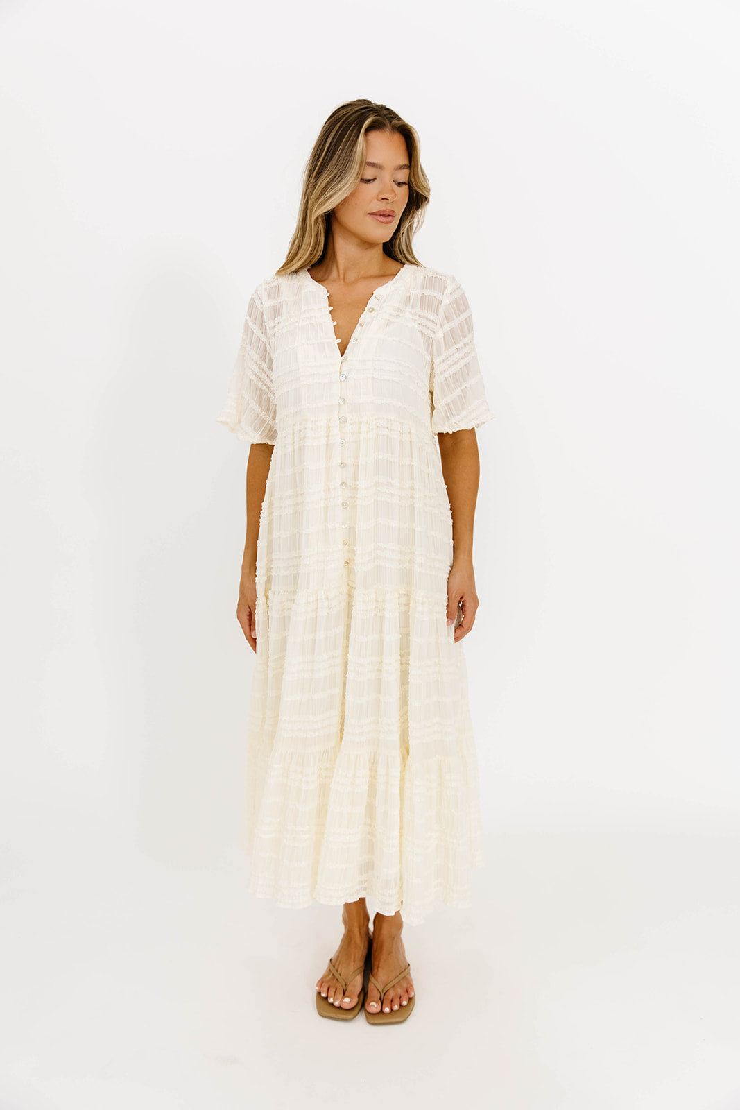 Kristin Tiered Woven Maxi Dress in Ivory - Bump Friendly - Detachable Liner