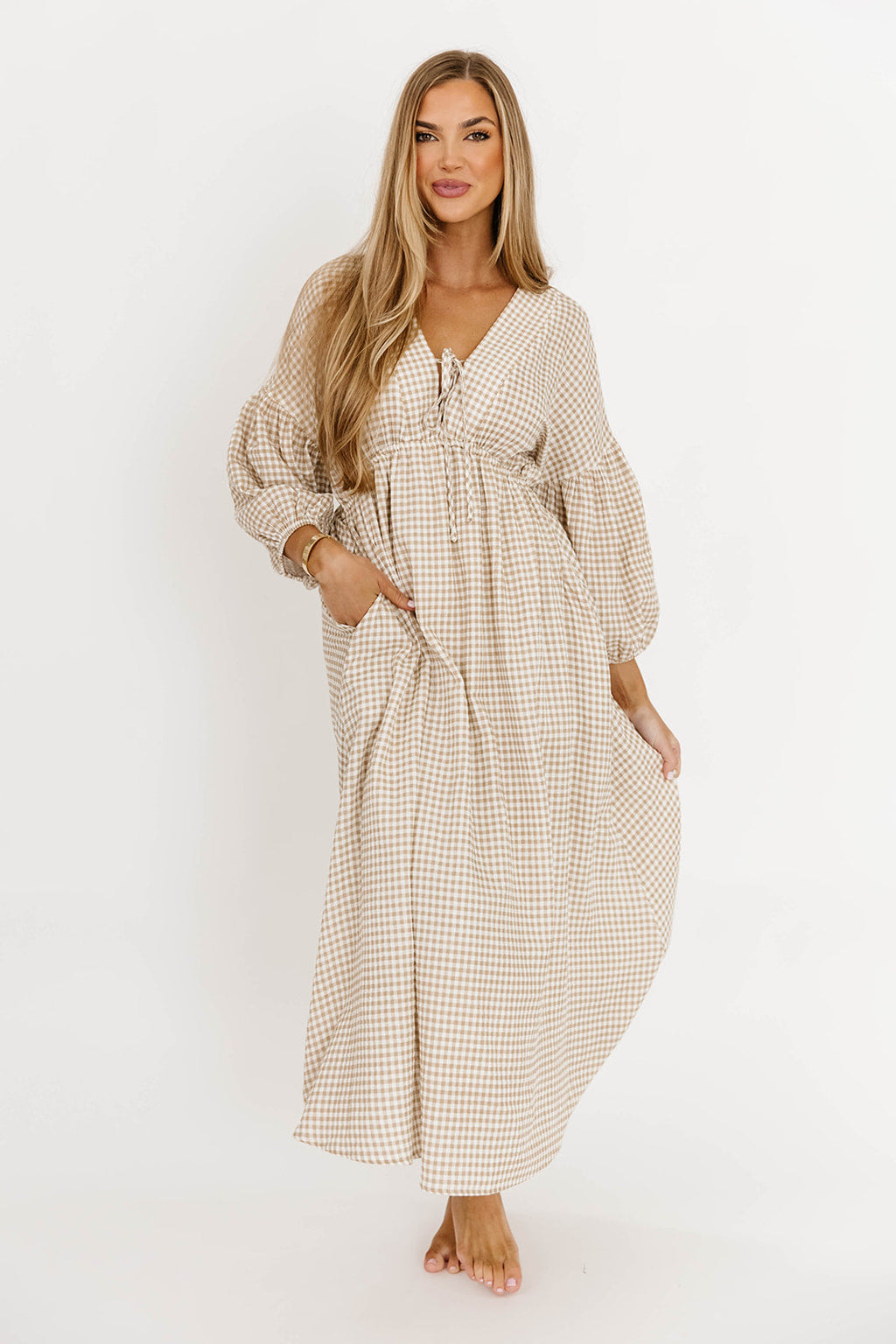 Hunter Printed Gauze Midi Dress in Natural Plaid - Bump Friendly *9/22 PRE-ORDER*