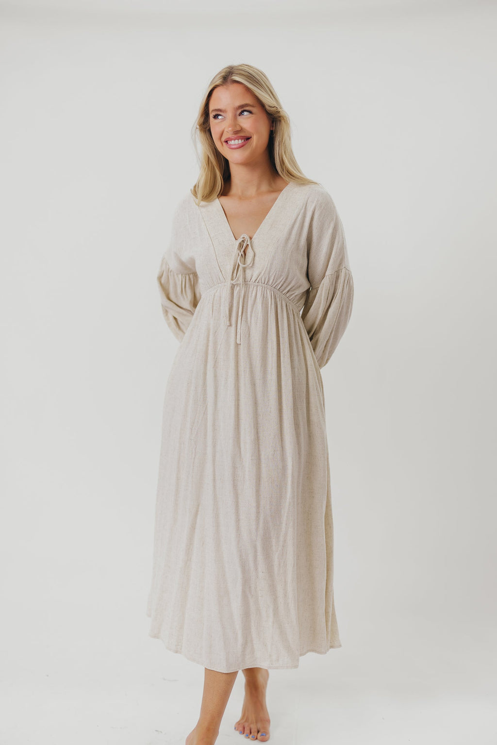 Hunter Linen-Blend Midi Dress in Greige - Bump Friendly *9/22 PRE-ORDER*