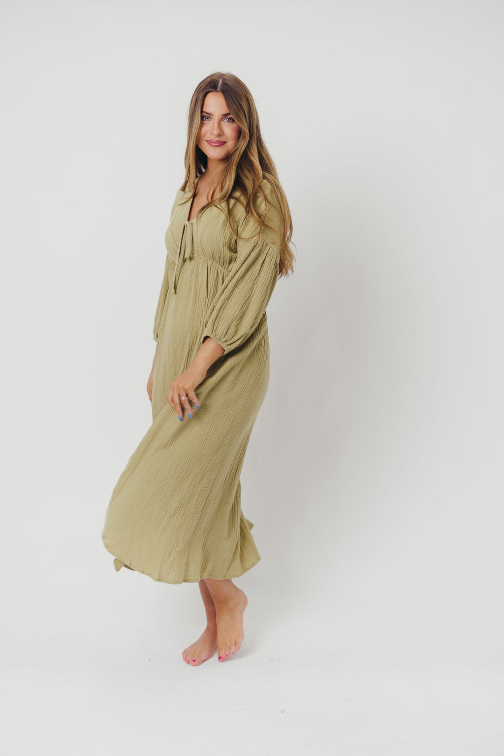 Hunter 100% Cotton Gauze Midi Dress in Thyme - Bump Friendly and Inclusive Sizing *9/22 PRE-ORDER*