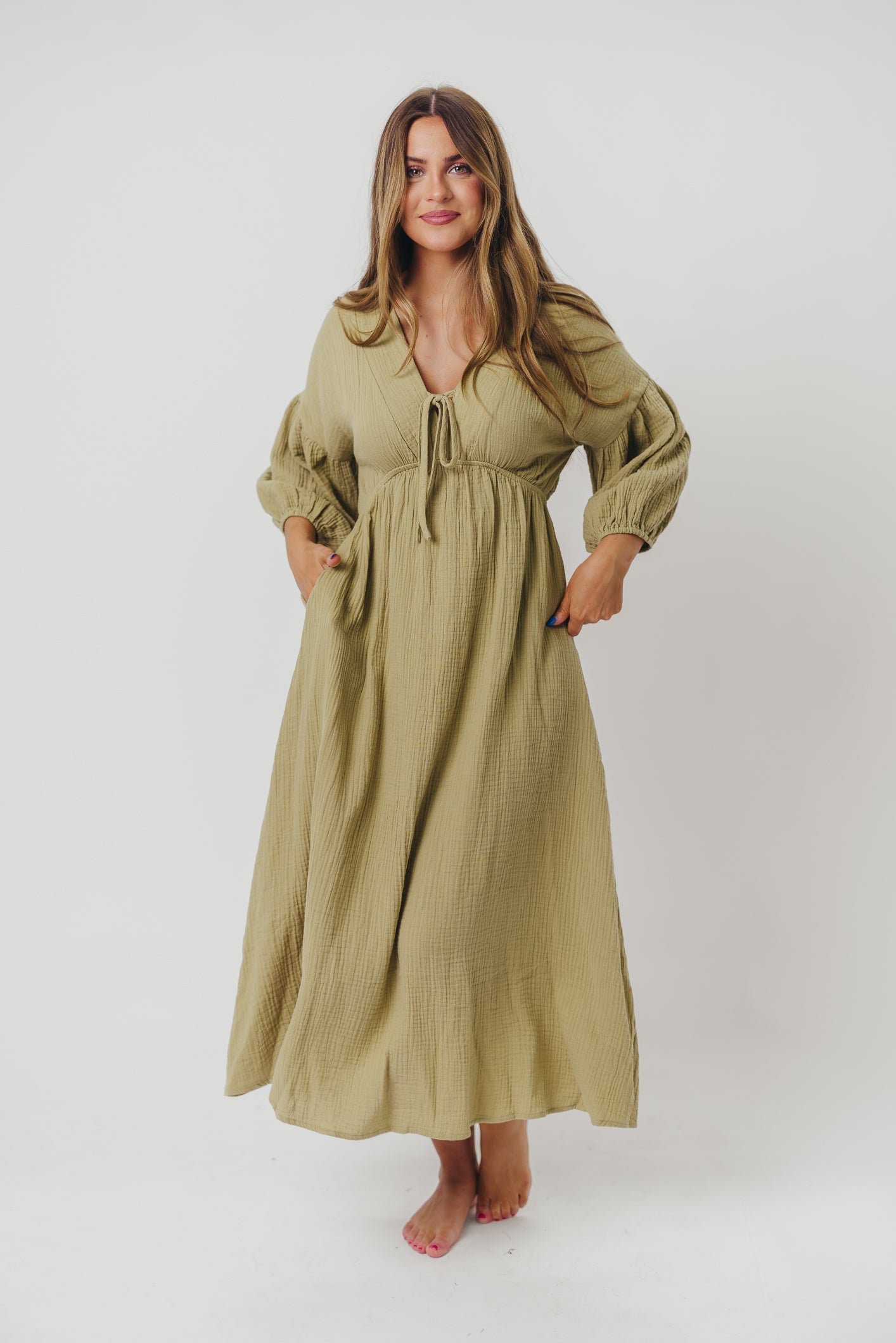 Hunter 100% Cotton Gauze Midi Dress in Thyme - Bump Friendly and Inclusive Sizing *9/22 PRE-ORDER*
