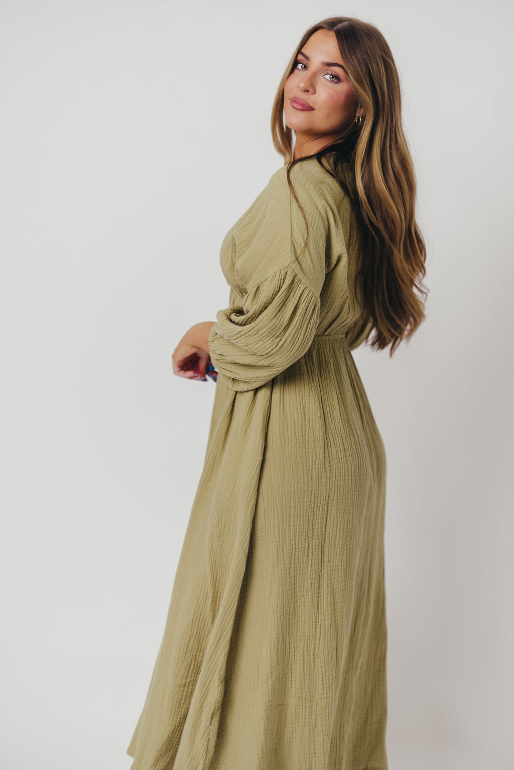 Hunter 100% Cotton Gauze Midi Dress in Thyme - Bump Friendly and Inclusive Sizing *9/22 PRE-ORDER*