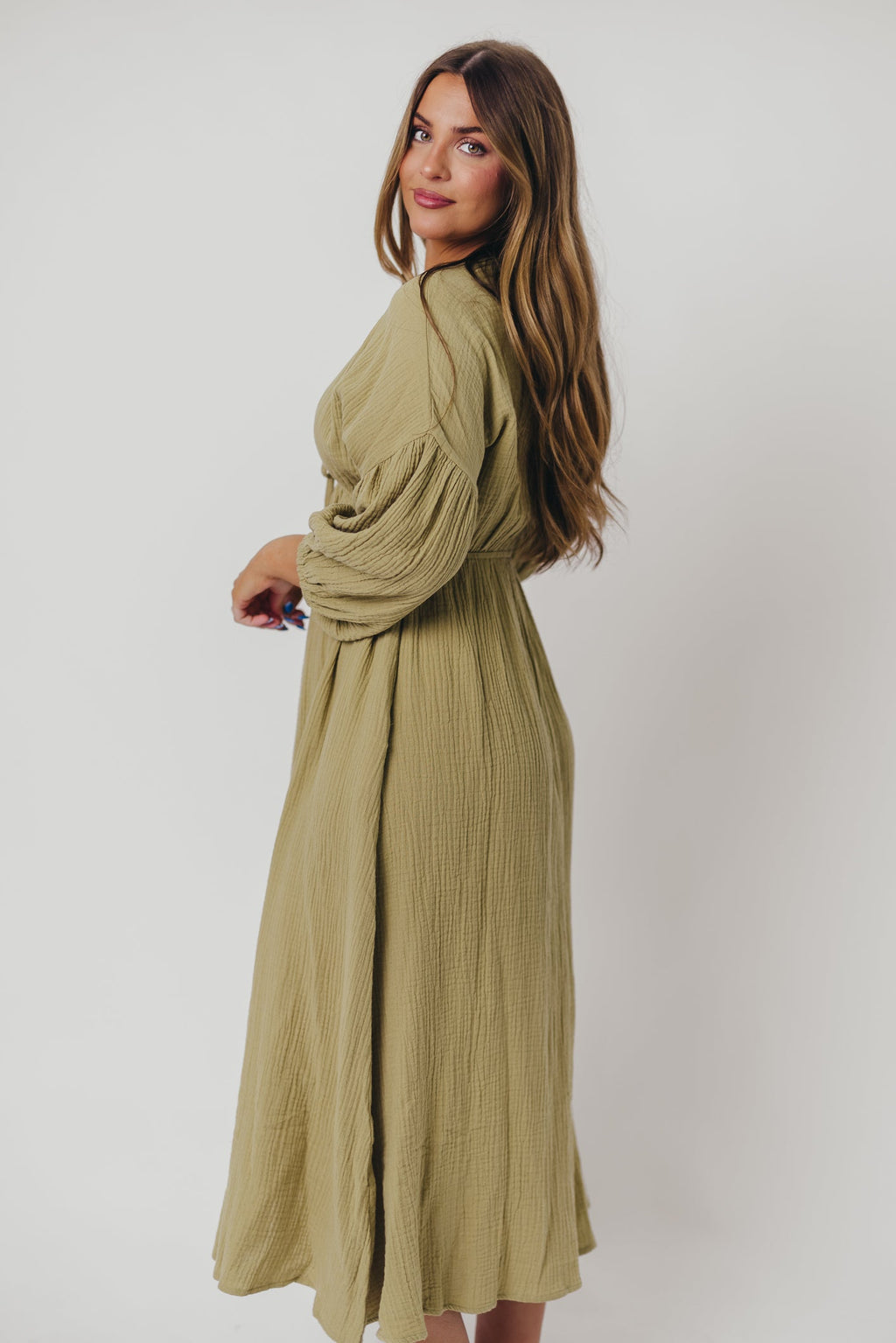 Hunter 100% Cotton Gauze Midi Dress in Thyme - Bump Friendly and Inclusive Sizing *9/22 PRE-ORDER*