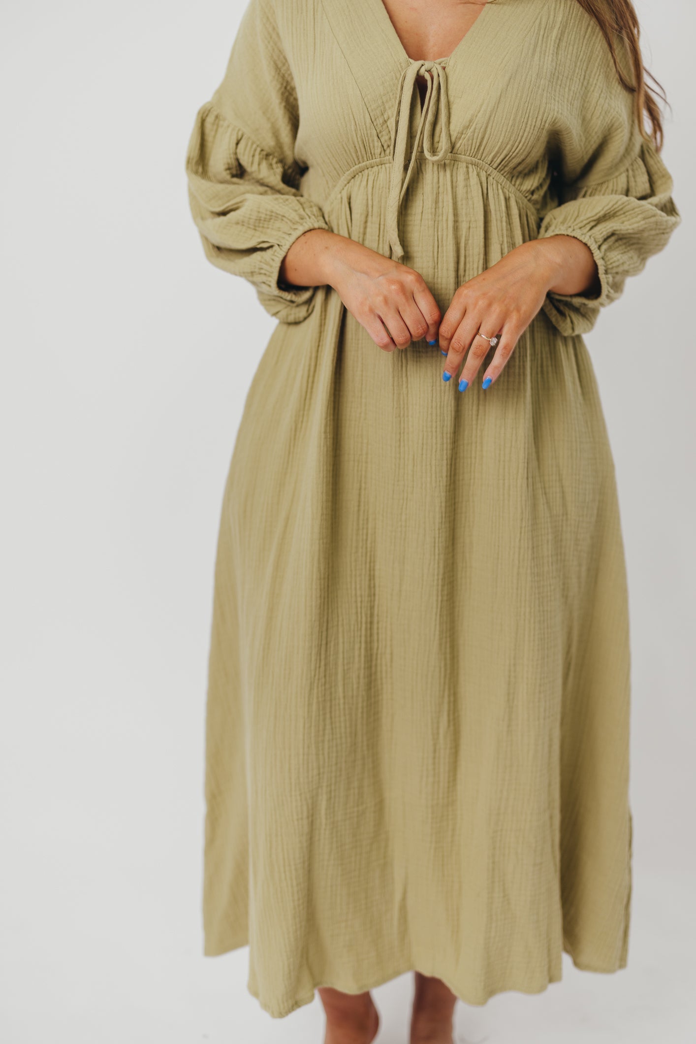 Hunter 100% Cotton Gauze Midi Dress in Thyme - Bump Friendly and Inclusive Sizing *9/22 PRE-ORDER*