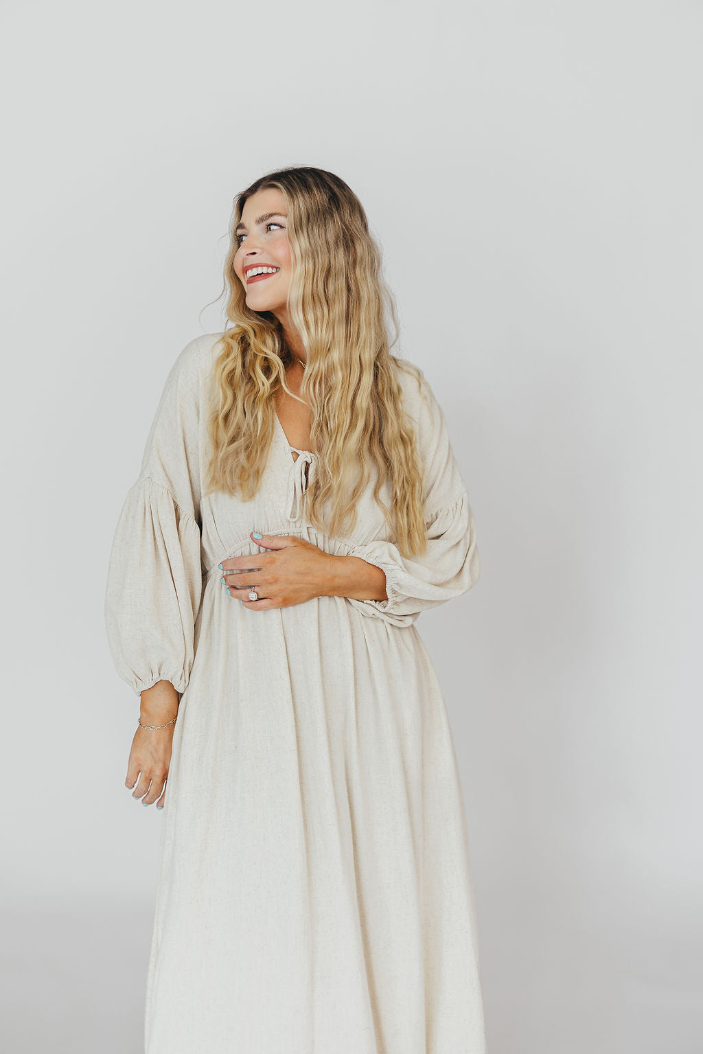 Hunter Linen-Blend Midi Dress in Greige - Bump Friendly *9/22 PRE-ORDER*