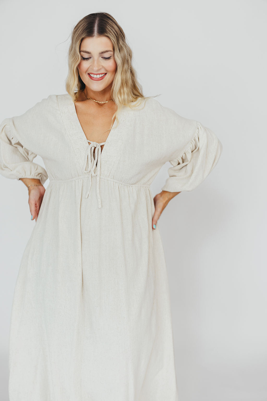 Hunter Linen-Blend Midi Dress in Greige - Bump Friendly *9/22 PRE-ORDER*