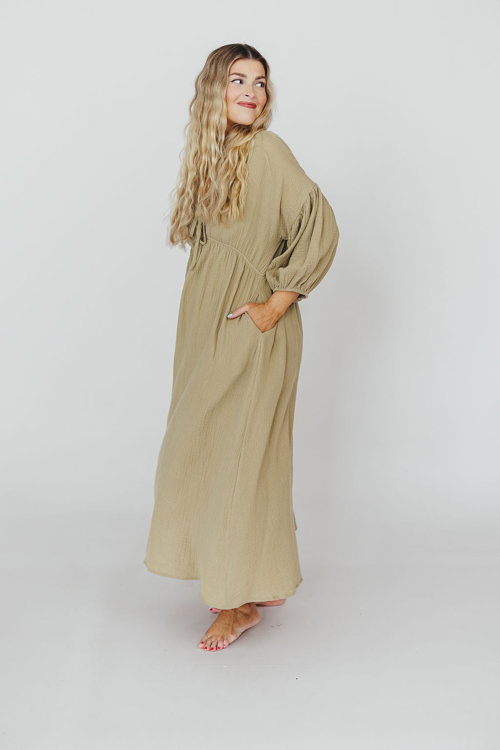 Hunter 100% Cotton Gauze Midi Dress in Thyme - Bump Friendly and Inclusive Sizing *9/22 PRE-ORDER*