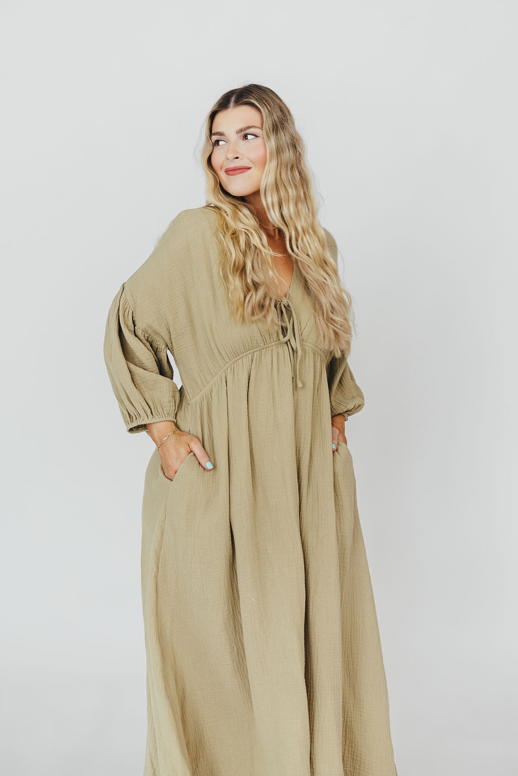 Hunter 100% Cotton Gauze Midi Dress in Thyme - Bump Friendly and Inclusive Sizing *9/22 PRE-ORDER*