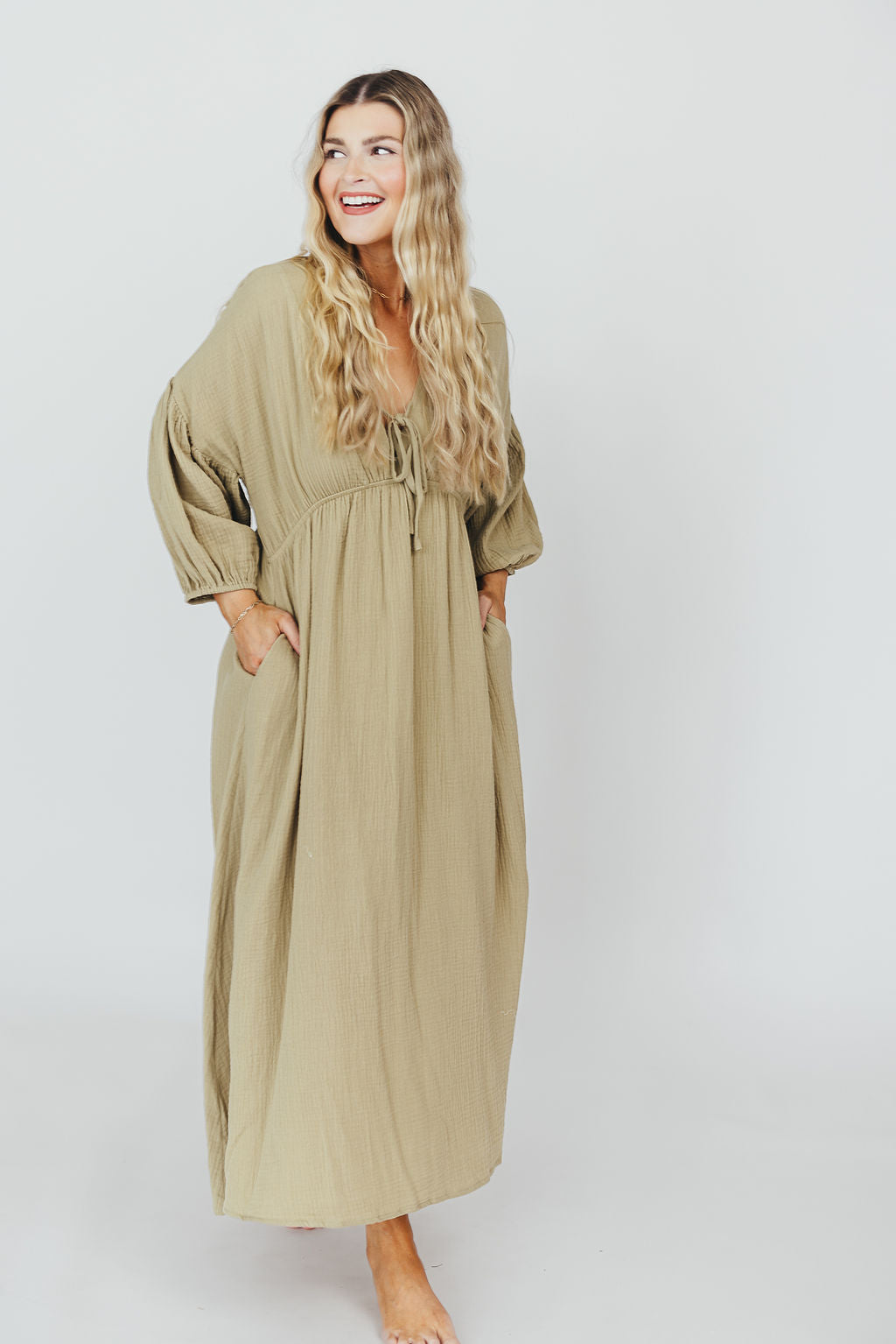 Hunter 100% Cotton Gauze Midi Dress in Thyme - Bump Friendly and Inclusive Sizing *9/22 PRE-ORDER*