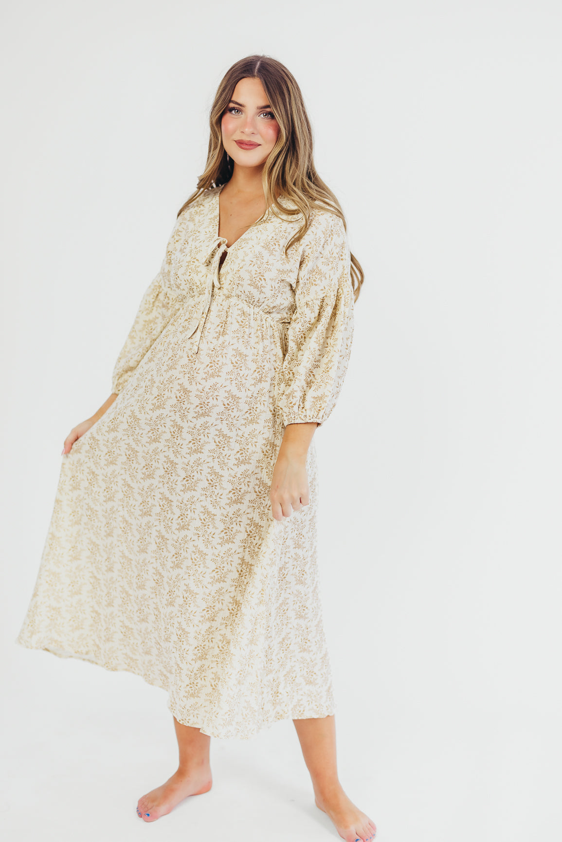 Hunter 100% Cotton Gauze Midi Dress in Natural/Tan Floral - Bump Friendly *9/22 PRE-ORDER*