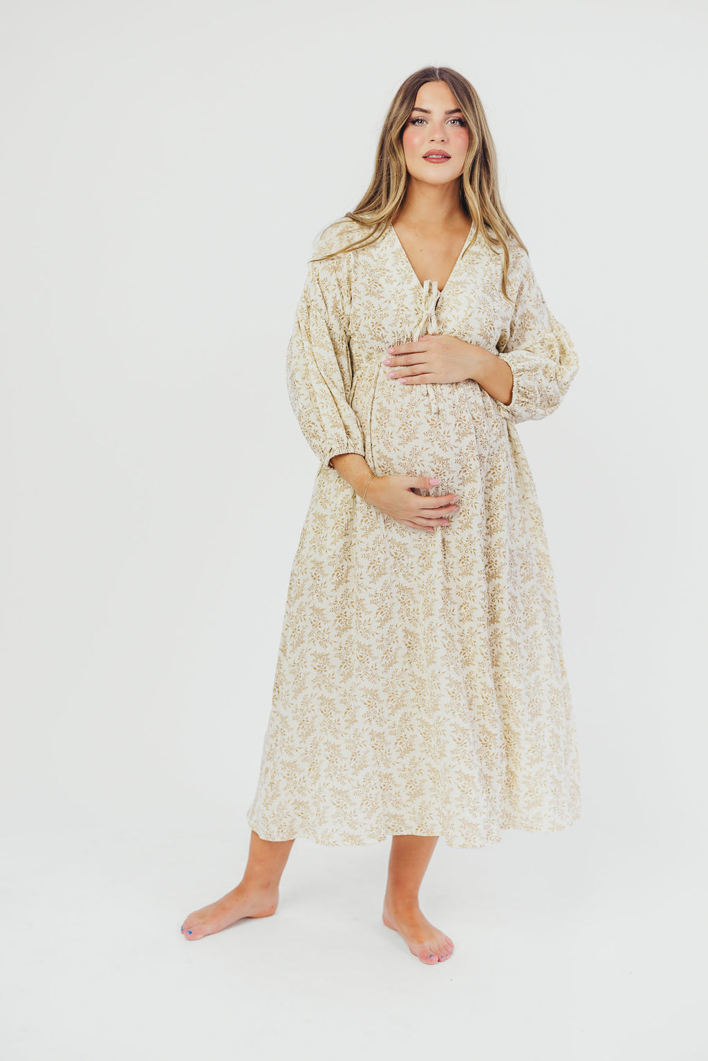 Hunter 100% Cotton Gauze Midi Dress in Natural/Tan Floral - Bump Friendly *9/22 PRE-ORDER*