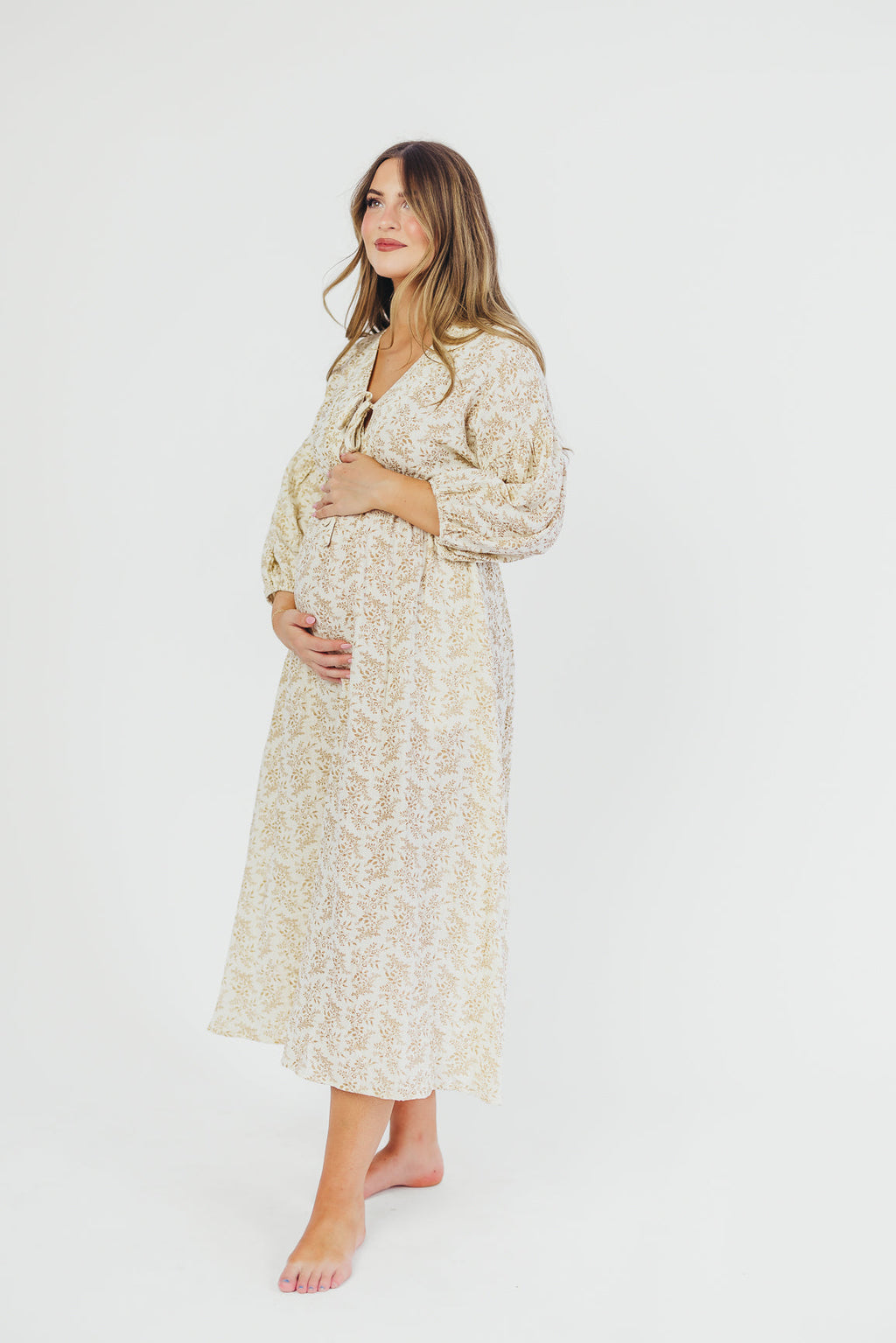 Hunter 100% Cotton Gauze Midi Dress in Natural/Tan Floral - Bump Friendly *9/22 PRE-ORDER*