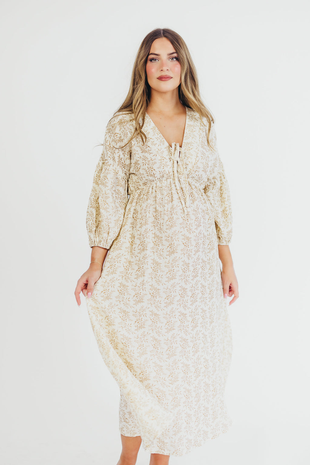 Hunter 100% Cotton Gauze Midi Dress in Natural/Tan Floral - Bump Friendly *9/22 PRE-ORDER*