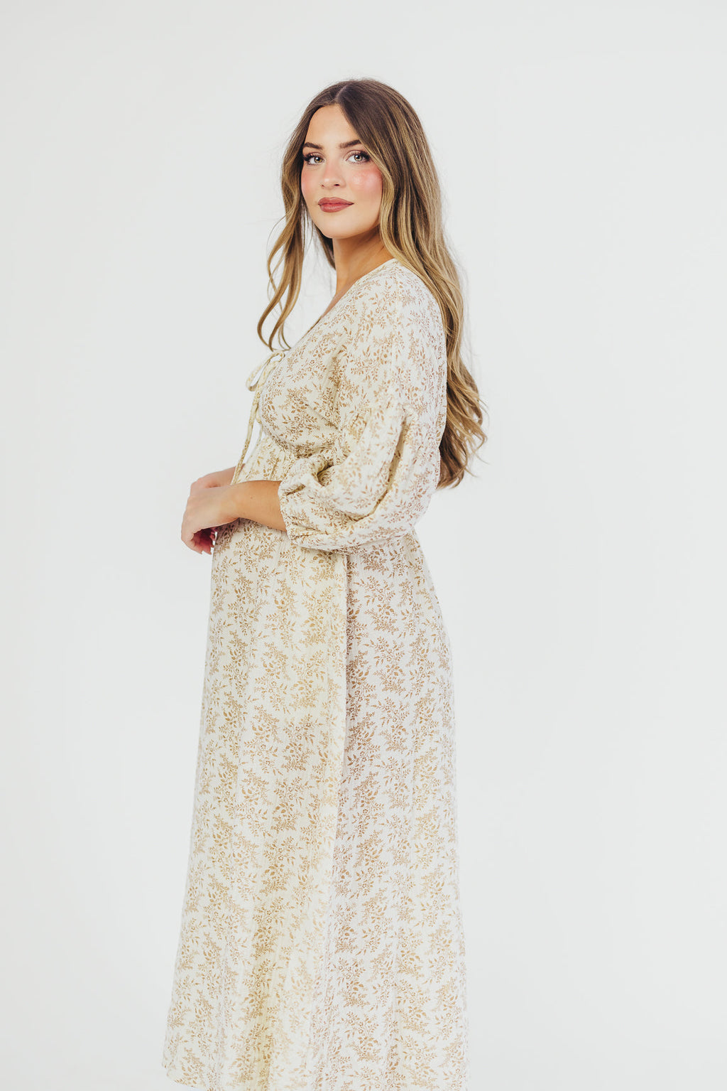 Hunter 100% Cotton Gauze Midi Dress in Natural/Tan Floral - Bump Friendly *9/22 PRE-ORDER*
