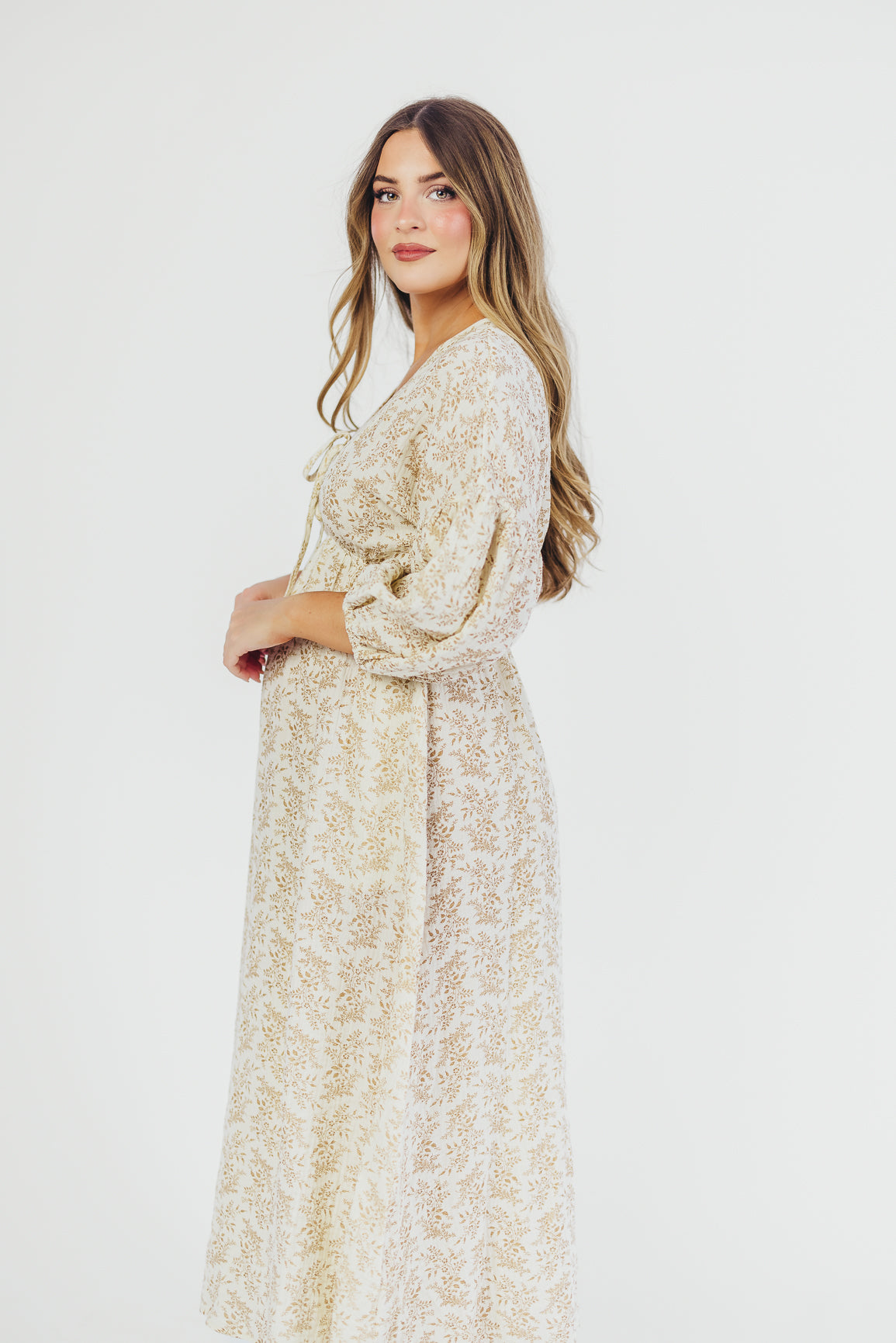 Hunter 100% Cotton Gauze Midi Dress in Natural/Tan Floral - Bump Friendly *9/22 PRE-ORDER*