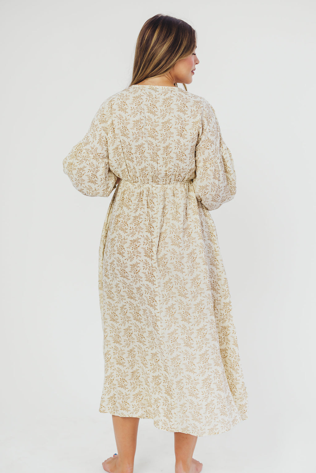 Hunter 100% Cotton Gauze Midi Dress in Natural/Tan Floral - Bump Friendly *9/22 PRE-ORDER*