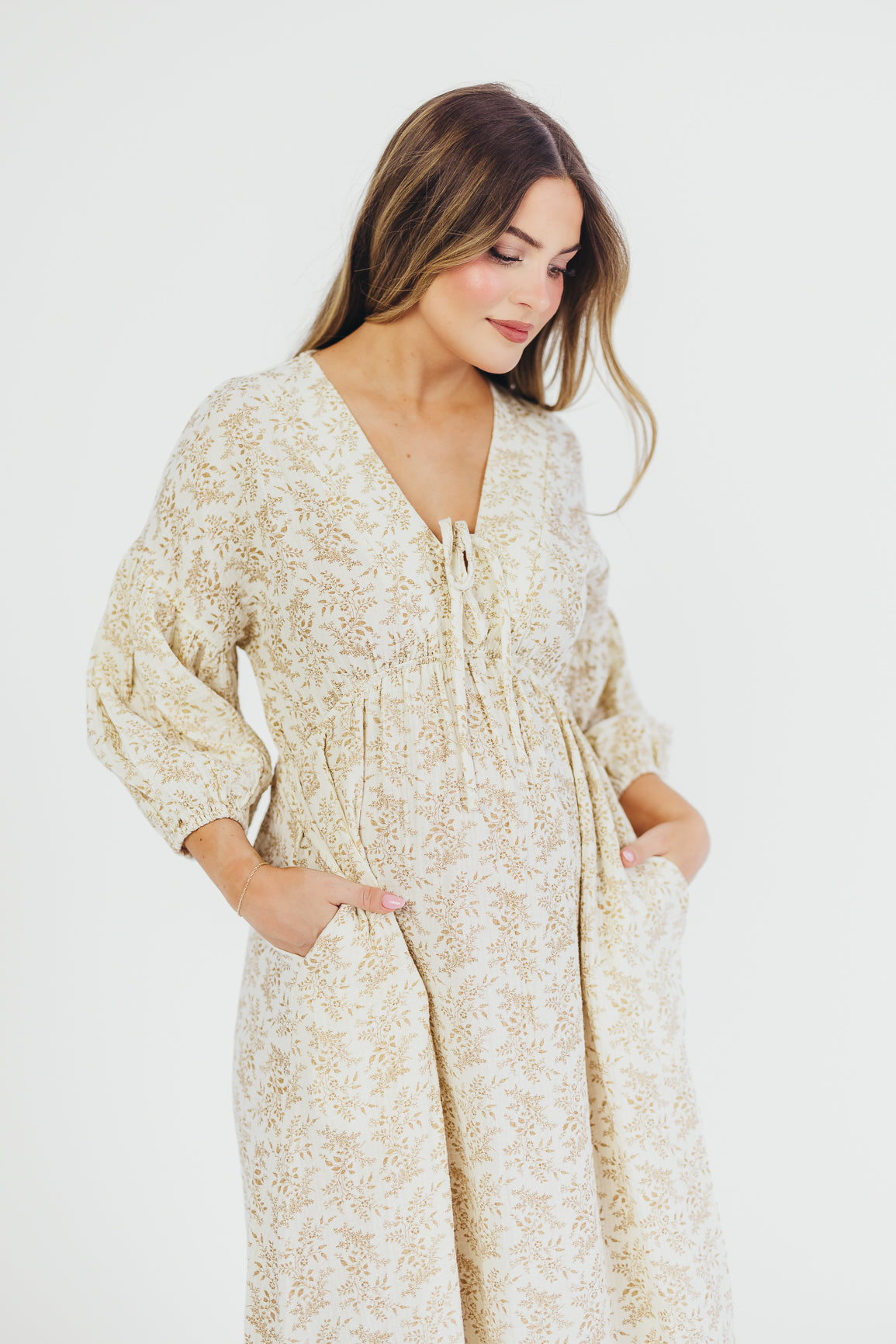 Hunter 100% Cotton Gauze Midi Dress in Natural/Tan Floral - Bump Friendly *9/22 PRE-ORDER*