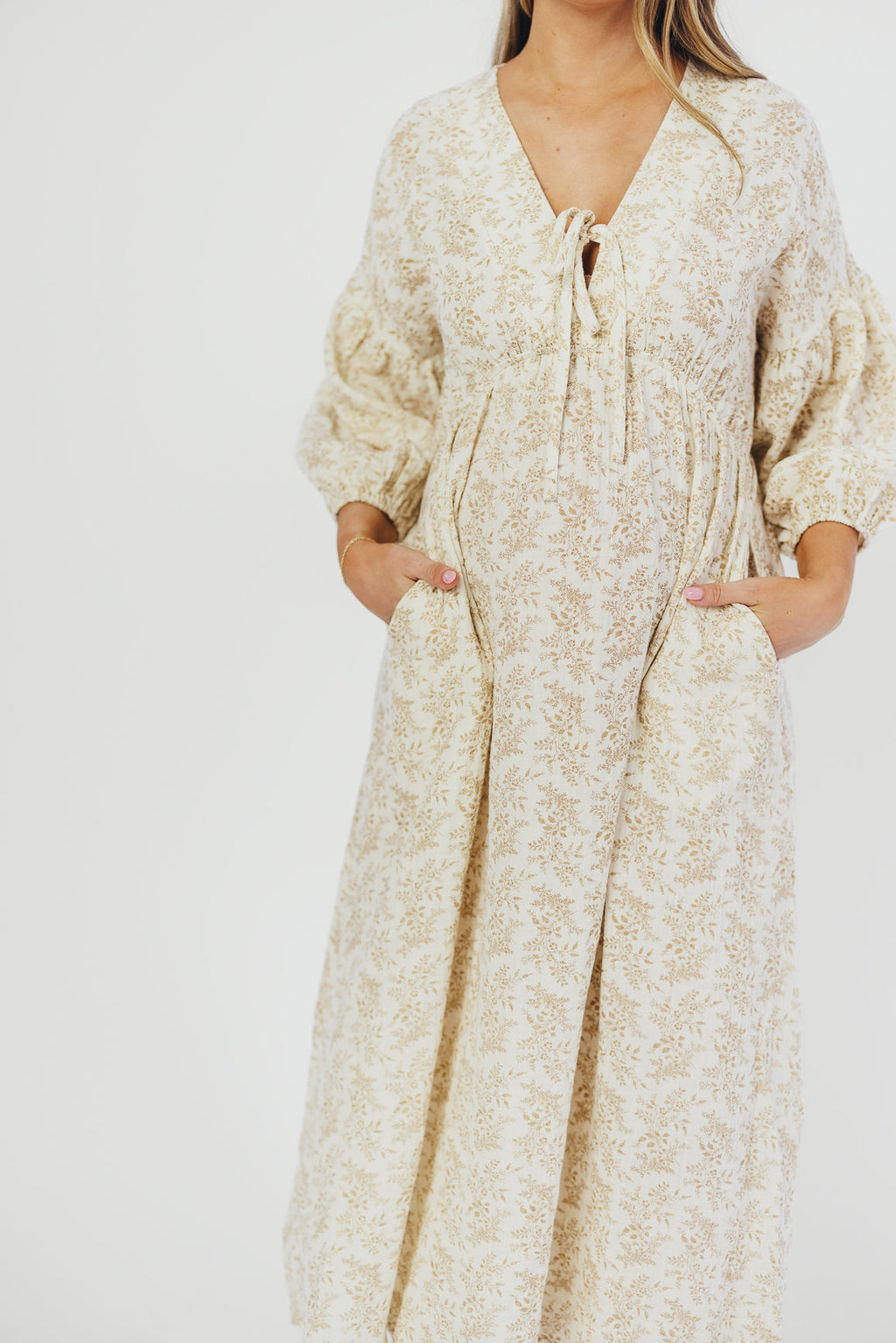 Hunter 100% Cotton Gauze Midi Dress in Natural/Tan Floral - Bump Friendly *9/22 PRE-ORDER*